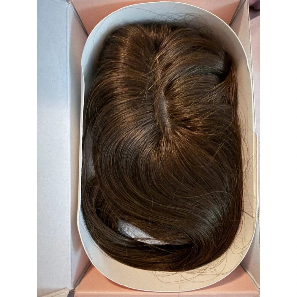 MY-LADY Human Hair Topper with Bangs 18 Inch Dark Brown Silk Base Remy Hairpiece